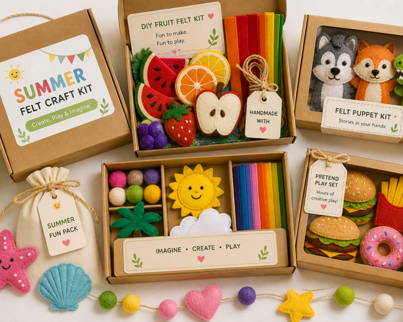 Curated summer felt craft kit packaging with colorful components visible